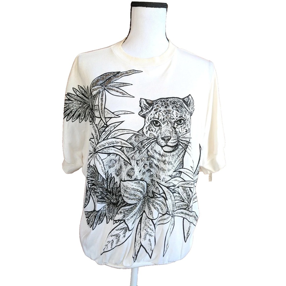 Vintage 80s East River Womens Top L Glitter Bling Leopard Cat Jungle USA Artsy